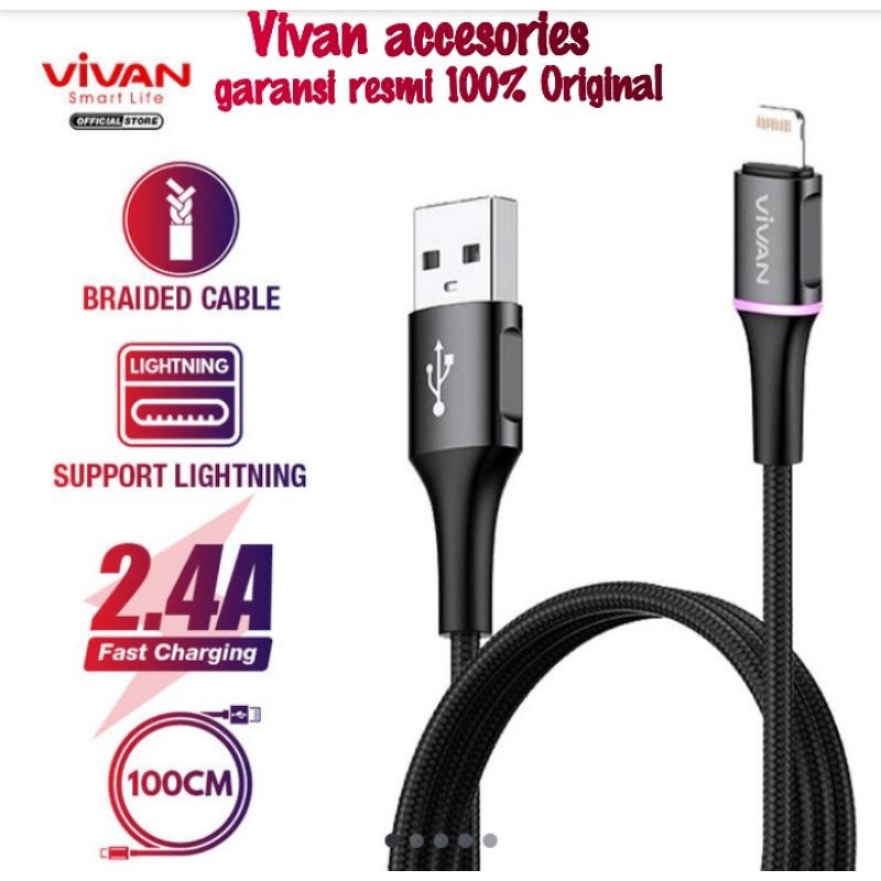 Vivan VDL100 / VDL200 Kabel Data Lightning 2.4A 1M / 2M LED Light  Quick for iPhone iPad Charge