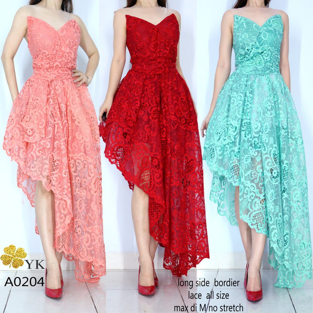 Dress Pesta Brokat Orange Merah Tosca Asymetris   Gaun Baju Pesta Kondangan Brukat Premium Preweddi