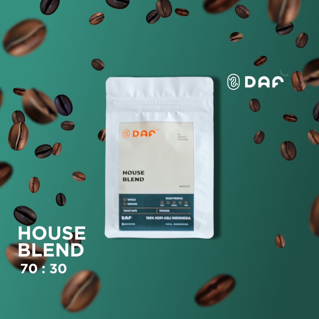 

DAF House Blend Robusta 70% Arabika 30% Kemasan 500gr dan 1kg For Kopi Susu Espresso Kekinian