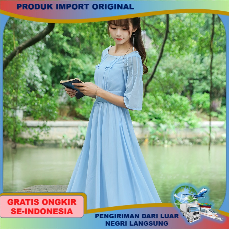 dress wedding gaun premium perempuan sutera tipis Chiffon Slim Fit Pelangsing Leher Bulat Bell Lenga