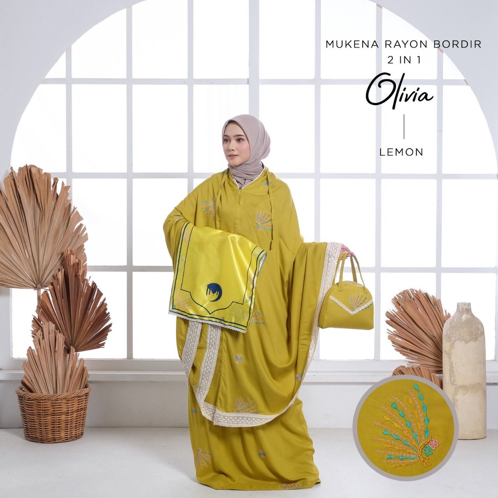 PUSAT MUKENA TASIK - MUKENA DEWASA RAYON BORDIR 2 IN 1 OLIVIA (FREE SAJADAH)