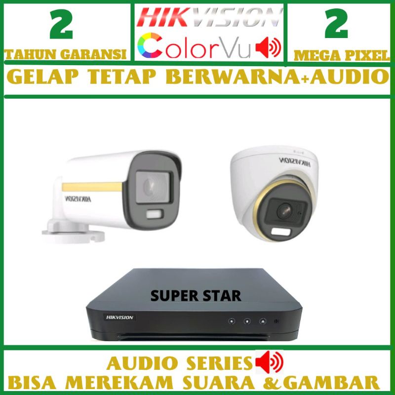 PAKET CCTV COLORVU HIKVISION 4 CHANNEL 2 KAMERA 2MP AUDIO 24JAM BERWARNA