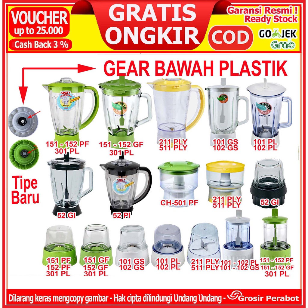 Gelas Blender Miyako Plastik Kaca Beling 1 L 1.5 L 2 L Pisau Monting Mounting Blender Dry Mill Wet Will Chopper Bumbu Kering Bumbu Basah Plastik Kaca Beling Miyako BL  101 102 PL GS  151 152 PF GF CH 211 511 PLY 501 PF Original Asli Gear Plastik Fullset