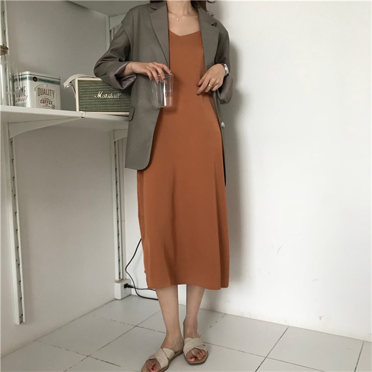 Long Dress V-Neck Model Longgar 2 Warna Gaya Korea