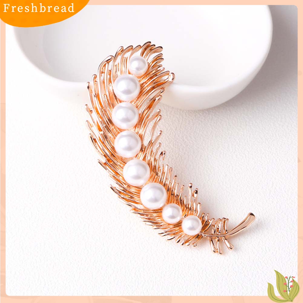 [ TERLARIS]Elegant Women Faux Pearl Inlaid Feather Shape Brooch Pin Corsage Scarf Accessory