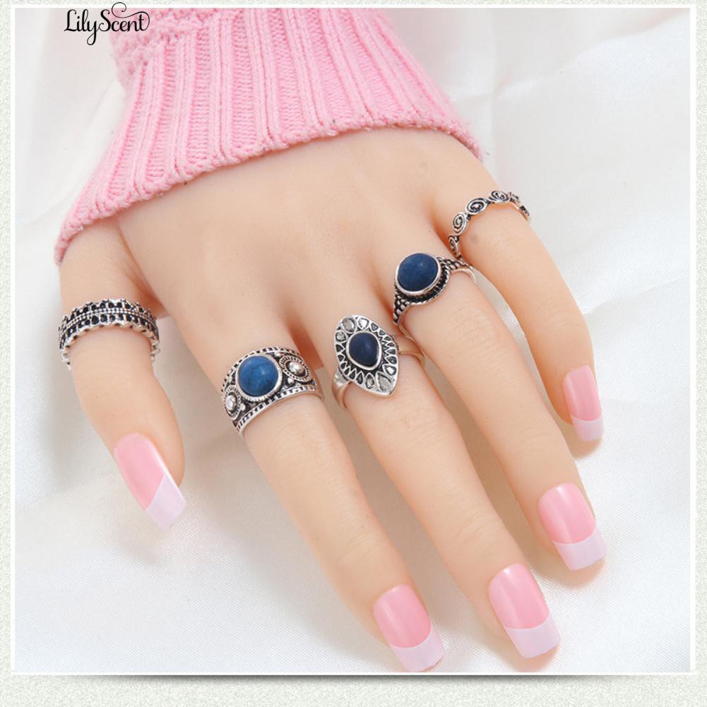 [Bayar Di Tempat]5 Pcs / Set Bohemian Vintage Biru Batu Paduan Cincin Jari Perhiasan Wo Menawan