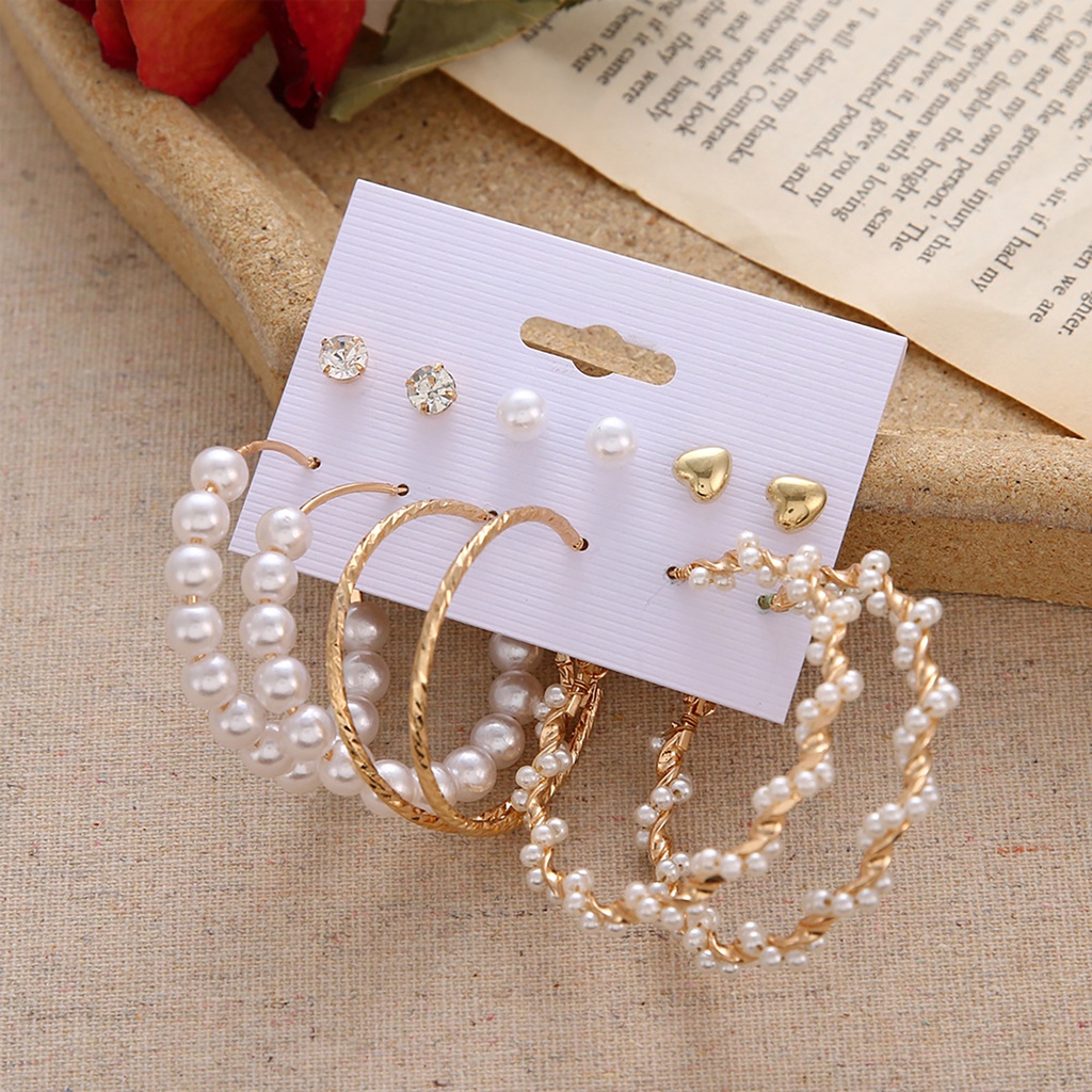 Hu Hu Hu Hu Hu Alat Bantu Pasang Kacamata♡ 6 Pasang / Lembar Anting Juntai Bentuk Lingkaran Besar Aksen Mutiara Tiruan Untuk Wanita