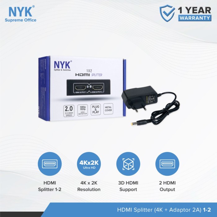 HDMI Splitter NYK 2 port 4Kx2K UHD - Splitter hdmi 1-2