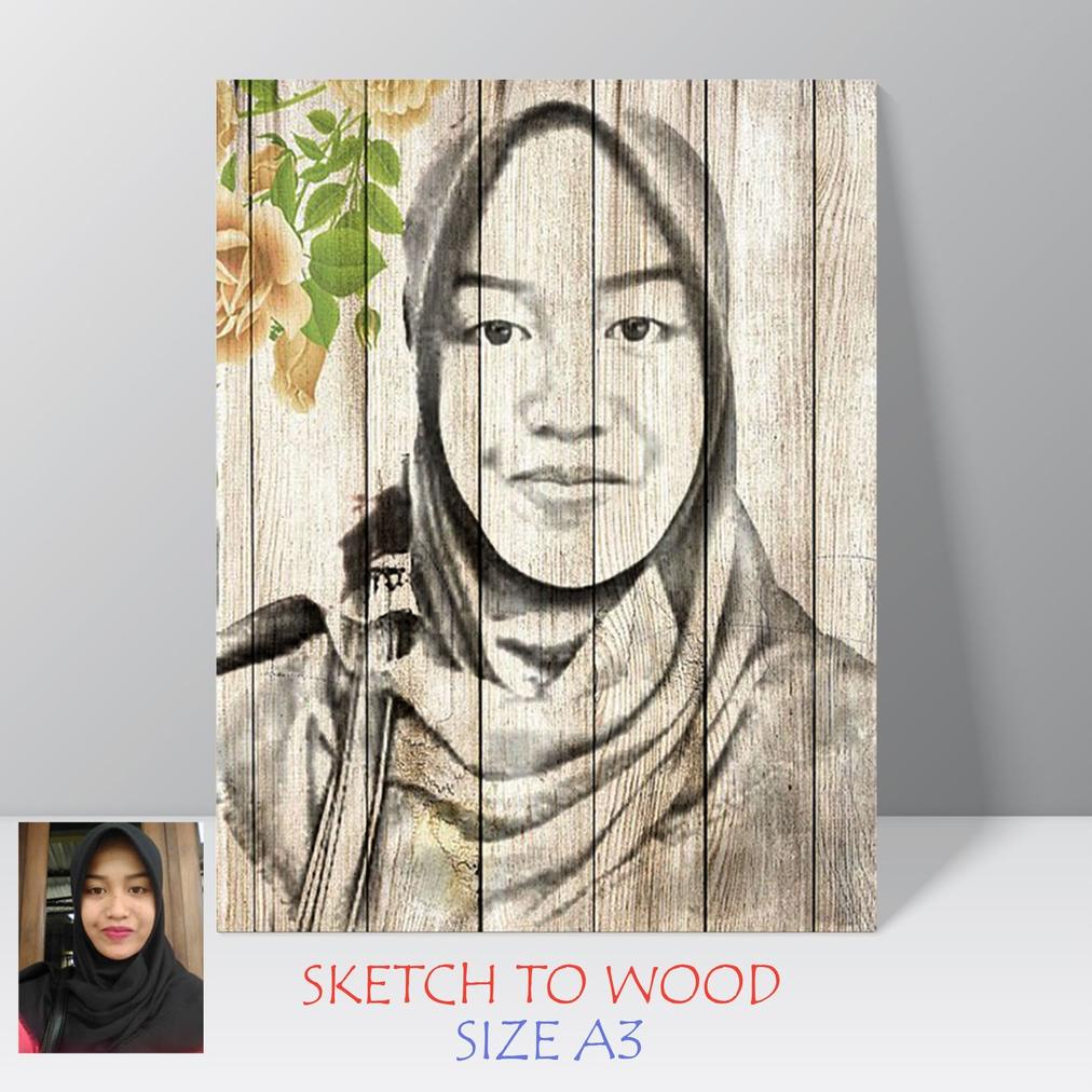 Sketsa Foto CUSTOM Poster Kayu Ukuran Jumbo Ilustrasi Hitam Putih Background Motif Kayu