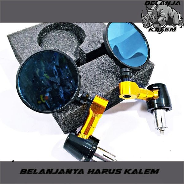 Spion Bar End Kaca Model Kaca Bulat Spion Biru Gagang Gold
