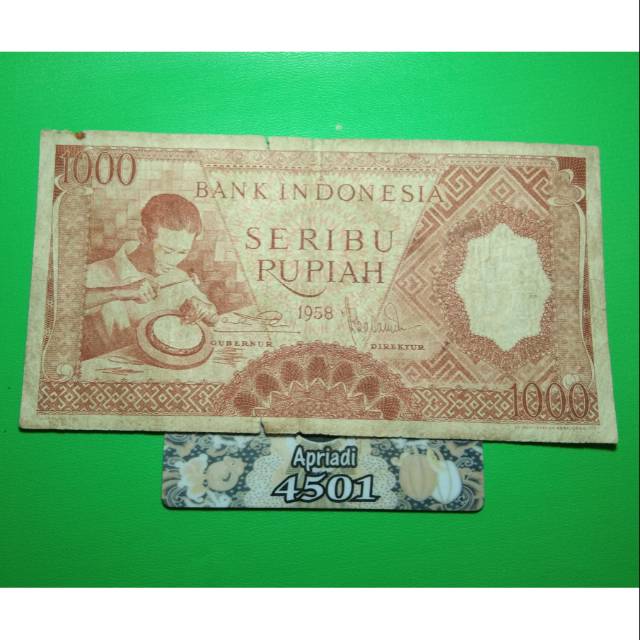 UK088 UANG KUNO ASLI 1000 RUPIAH SERI PEKERJA COKLAT TAHUN 1958 UANG KERTAS LAMA MAHAR NIKAH #VF-72