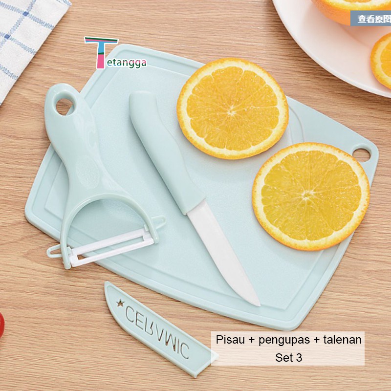 Pisau Set Keramik 3 In 1 Talenan Set Knife Set Peeler Buah Skin-peeler  Fruit Chopping Board Suit