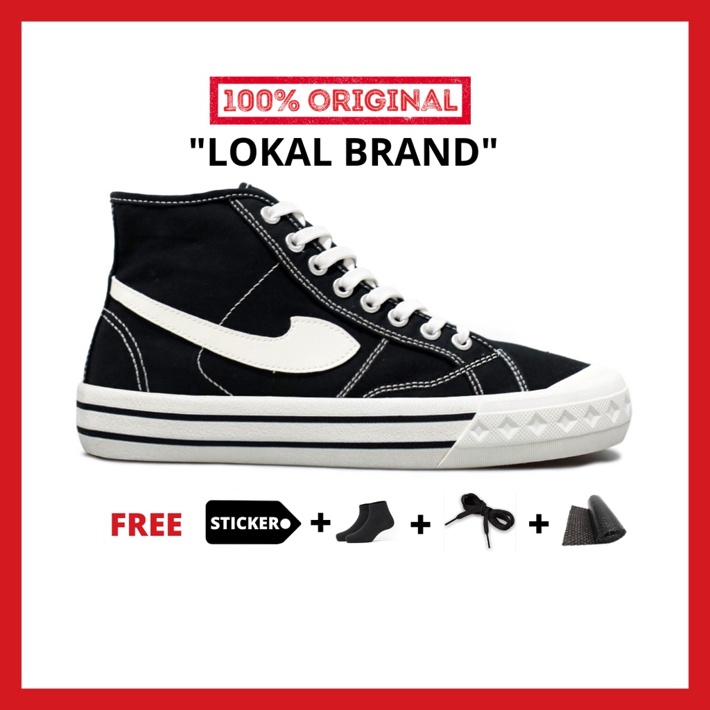 ORIGINAL - Sepatu Brand Lokal Kasual Pria Wanita No Brand Black White Hi Not Sneakers Compass Retrograde Hitam Putih