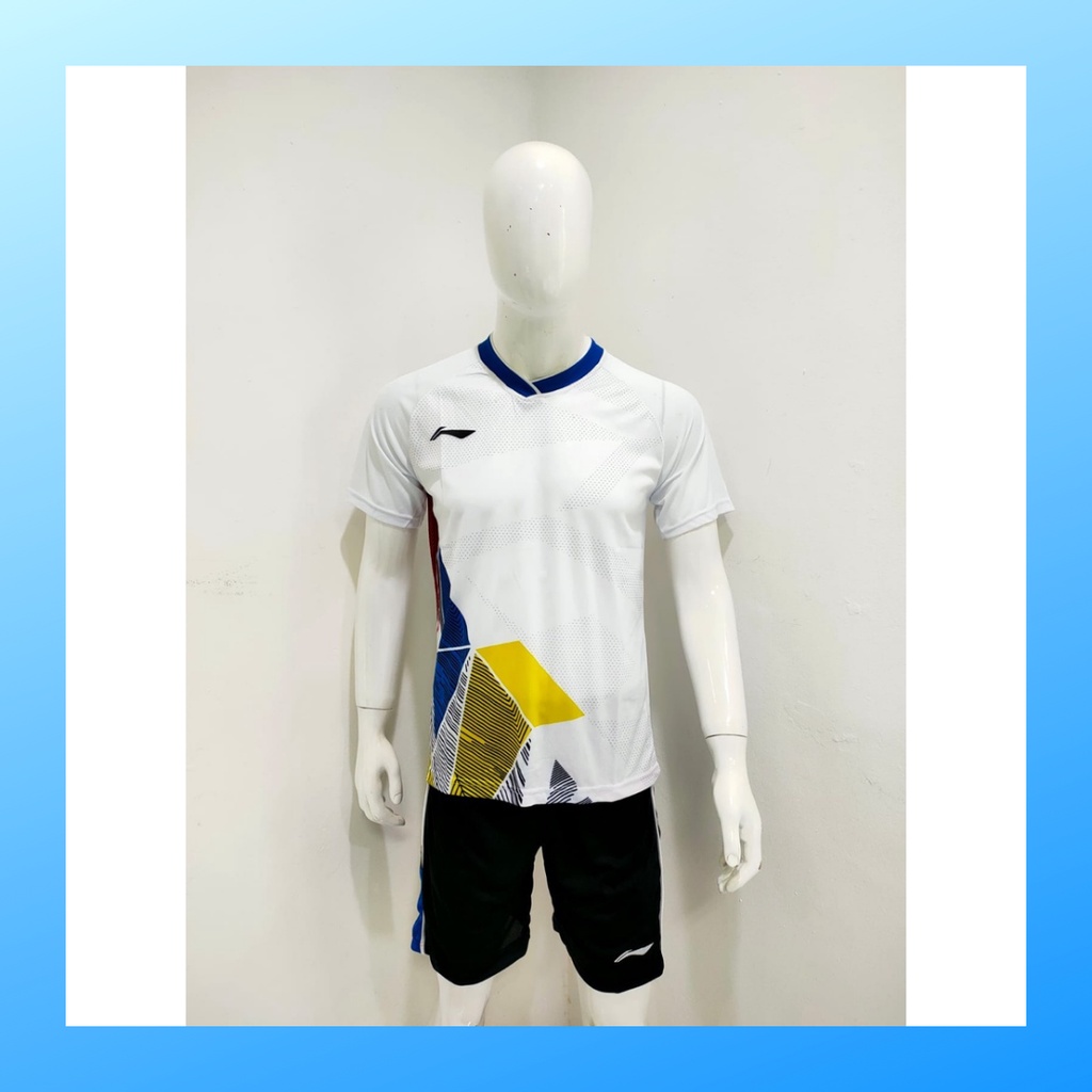 Kaos badminton pria jersey bulutangkis baju dan celana setelan wanita dewasa t-shirt outfit seragam jarsey kostum olahraga pakaian apparel sport jersy bulu tangkis casual jersi sudirman cup suit L156 putih polos