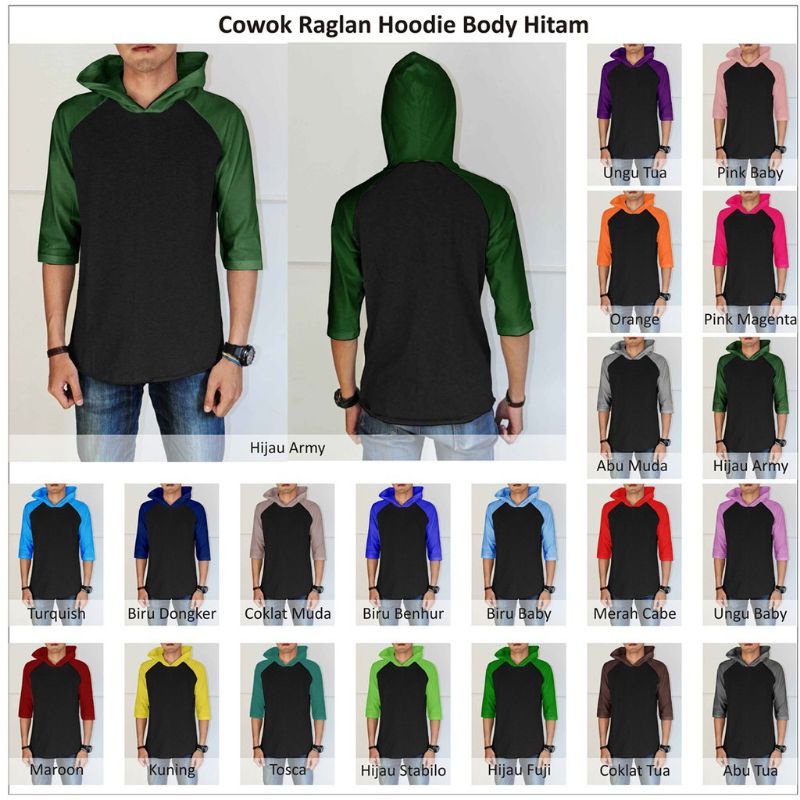 kaos Hoodie raglan lengan 3/4 size S-5XL