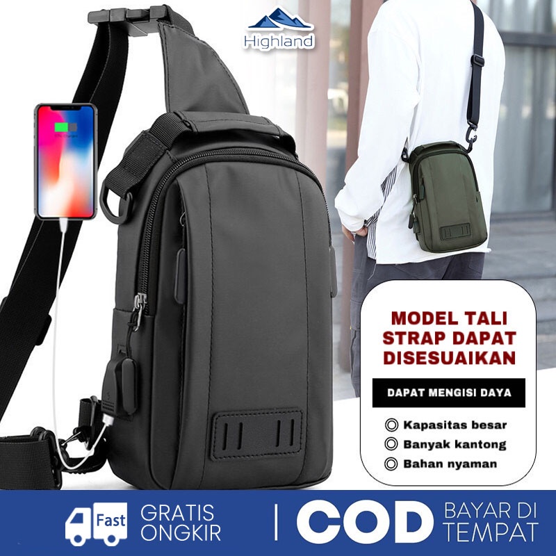 Highland Tas Selempang Pria Slingbag USB Charge Tas Pria Santai Tas Slempang Cowok Kasual Import TS712