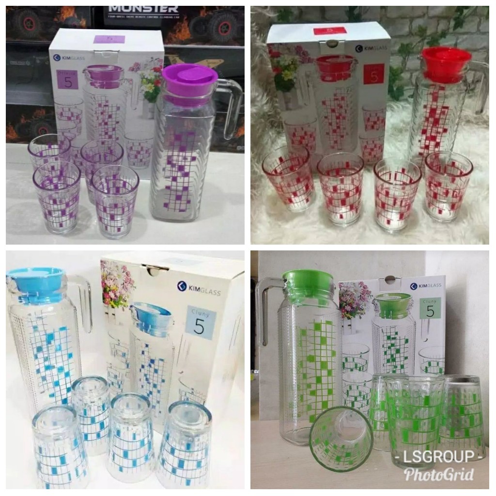 TEKO KIMGLASS 5 PICTHER SET 1 TEKO 4 GELAS MOTIF