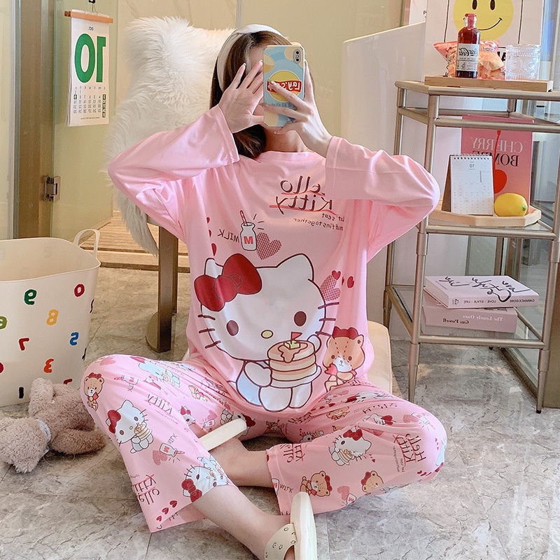Setelan Piyama Bahan Adem Lengan Panjang Oversize Karakter Lucu Baju Tidur Wanita-milshake kitty