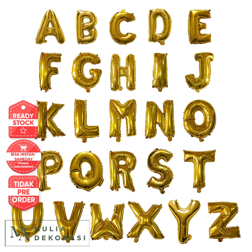 Balon Foil Huruf Gold Silver Alphabet Abjad Huruf Angka Lengkap A-Z Perhuruf Balon Foil