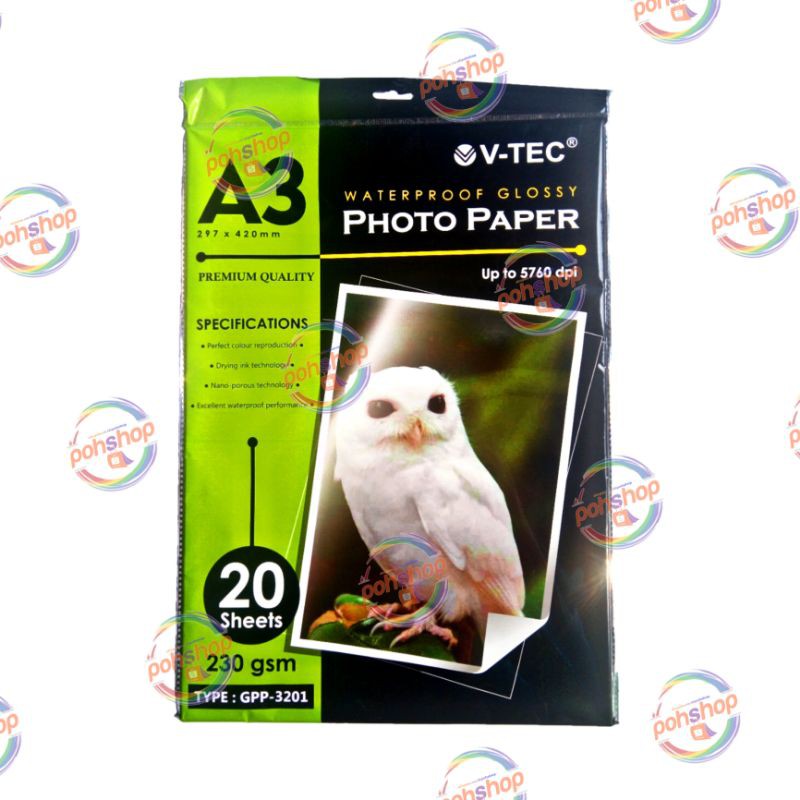 

V-Tec Waterproof Glossy Photo Paper A3/230gsm 20's