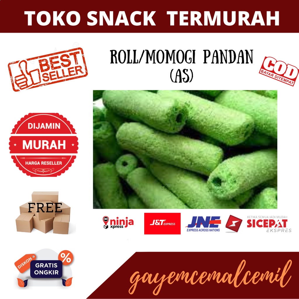 

snack kiloan/momogi pandan/roll pandan/aku suka/rasa pandan/250gr/500gr/jajanan murah/cemilan murah/cemilan manis