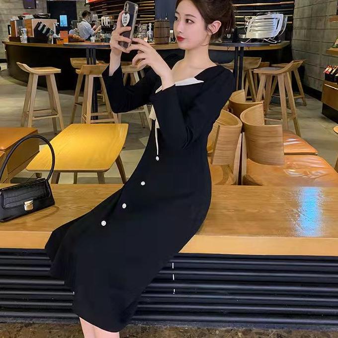 Model Baru.. dress wanita/long dress/dress korea/dress import korea/Versi Korea dari gaun hitam retr