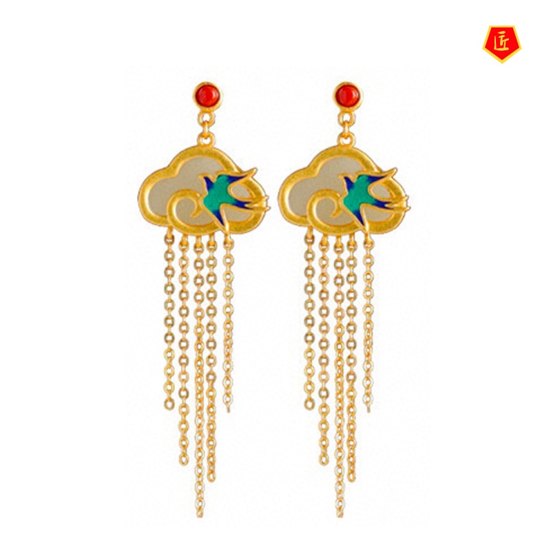 [Ready Stock]Gold Inlaid with Jade Vintage Earrings Classical Chinese Style