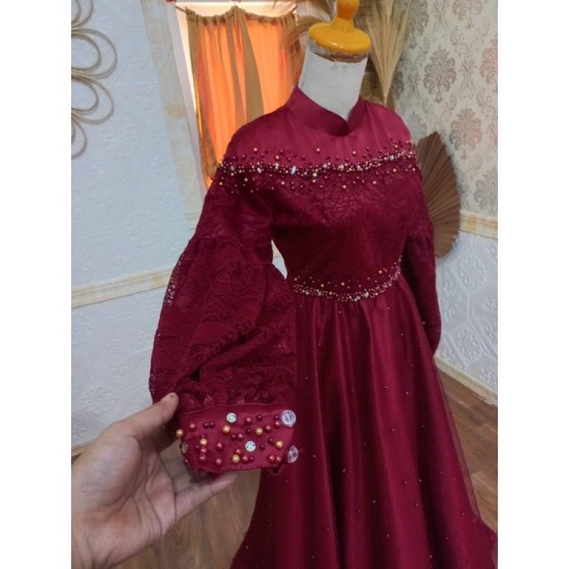gamis merah maroon broklat kombinasi tile mutiara