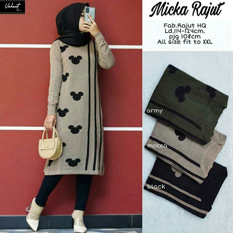 Micka Rajut warna hijau army ijo hitam coklat long tunic cewe muslim tunik panjang motif mickey lucu