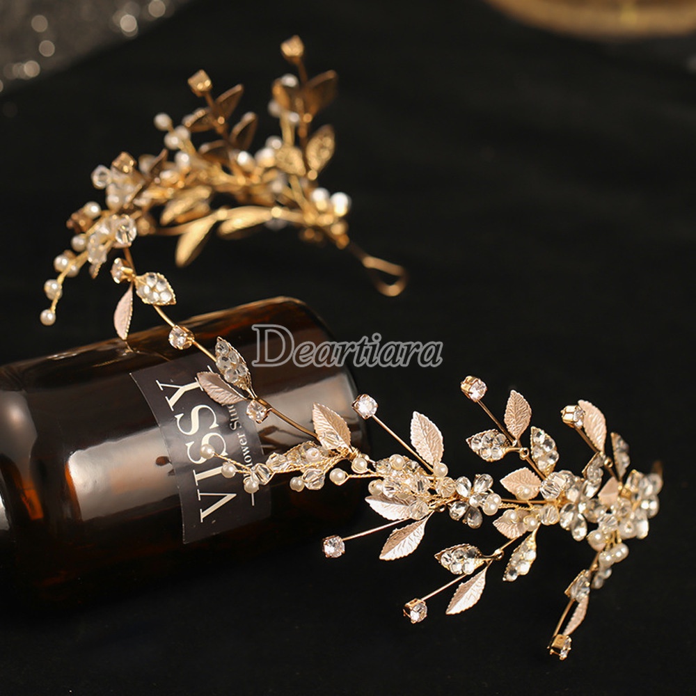 Original Bridal Headgear European and American Leaf Crystal Headband Earrings Set