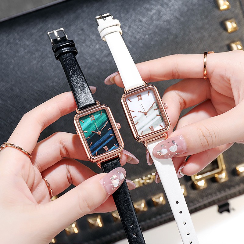 (GROSIRJAYA32) Jam Tangan Kecil Wanita Dial Kotak VENCY GRADASI Analog Quartz Strap Pu Leather Fashion Import