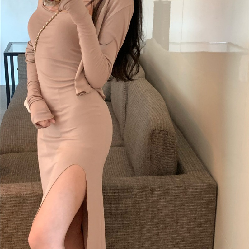 Mini Dress Seksi Temperamen Leher Bulat Pinggang Slim Mid-Length Slit Rok Wanita Musim Panas Keingin