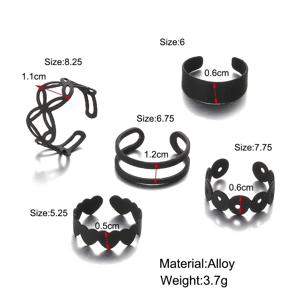 5pcs / Set Cincin Rantai Alloy Warna Hitam Bentuk Hati Hollow Untuk Wanita