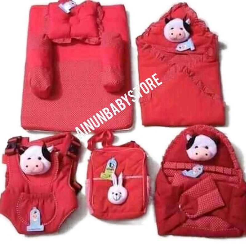 PAKET HEMAT 5 IN 1 SET PERLENGKAPAN BAYI TERMURAH (GRATIS 1 SET SARUNG TANGAN/ KAKI BAYI/-5 in 1 merah