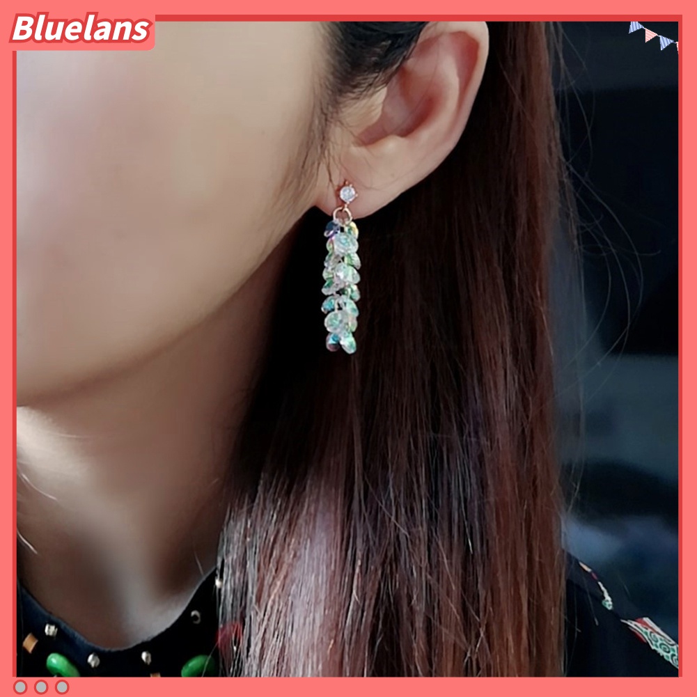 Anting Stud Panjang Menjuntai Aksen Berlian Imitasi Untuk Wanita