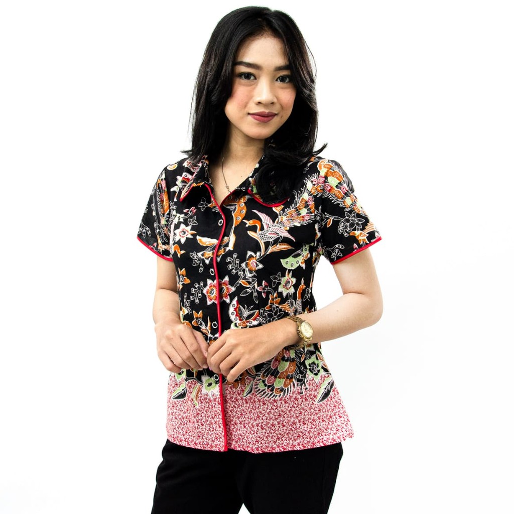 Kemeja Wanita lengan Pendek Hitam Berkerah Motir Burung | Size = S-M-L-XL-XXL-3L-4L-5L