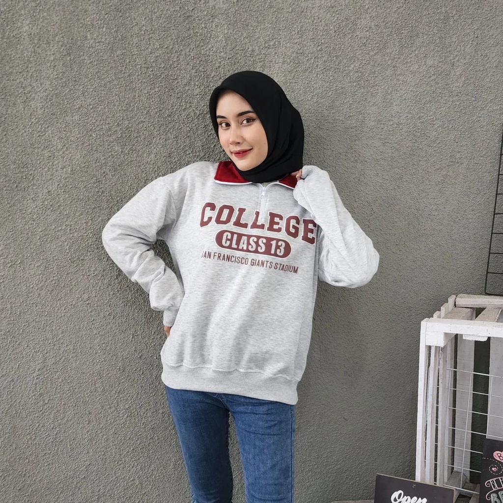 COLLEGE 13  Sweater Crewneck Berkerah Oversize-Outerwear Pria Wanita Terbaru Fashion Terkini Korean Style