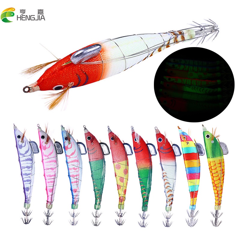 Hengjia 1pc Umpan Pancing Cumi-Cumi Luminous 12CM / 14.3G Bahan Plastik Keras Shrimp Baits Luminous Squid Jigs Hook