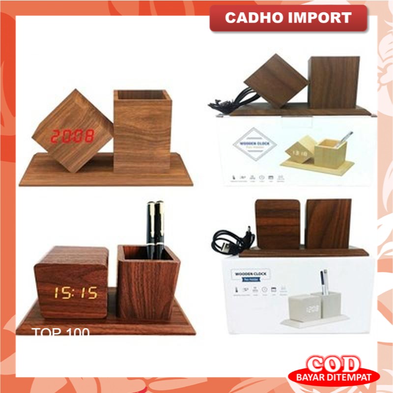Jam Weker Alarm LED Digital Wood Watch Meja Motif Kayu Tempat Pensil
