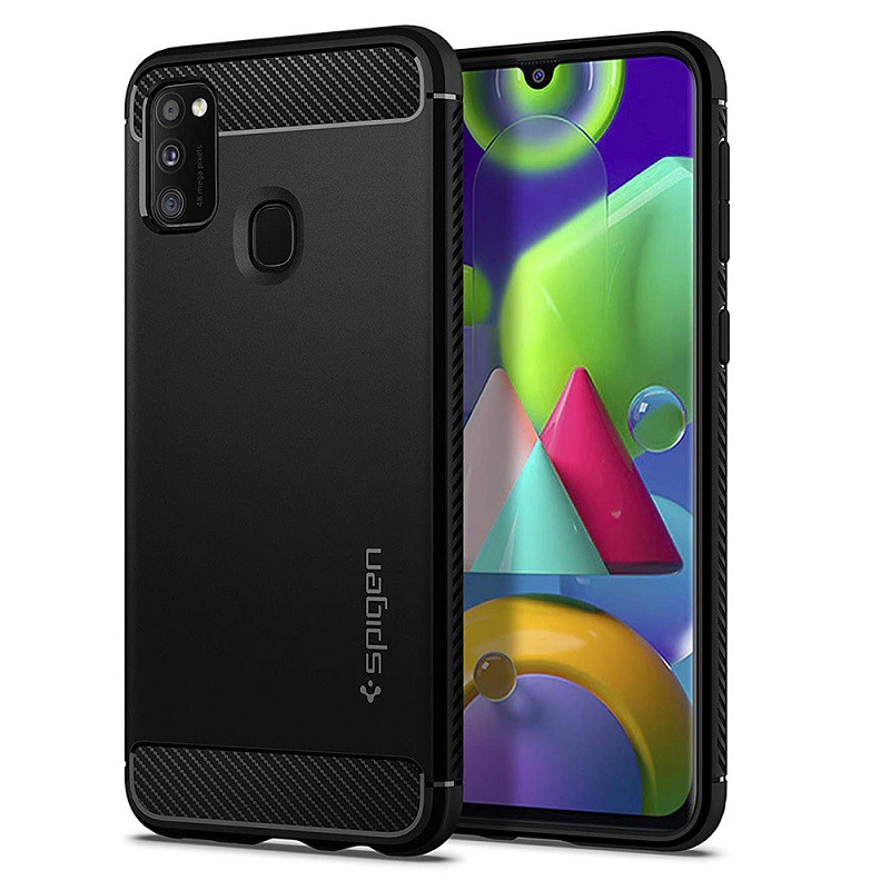 Case Samsung Galaxy M21 Spigen Rugged Armor Carbon Fiber Softcase Matte Black Casing