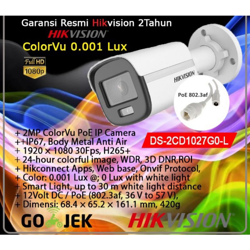 DS-2CD1027G0-L Hikvision IP Camera PoE CCTV Outdoor 2MP ColorVu Resmi - LENSA 2.8MM