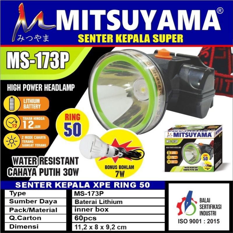 Cod - SENTER KEPALA MITSUYAMA MS-173P - HEADLAMP Mitsuyama MS 173 P - Senter Kepala Super 30W ring50