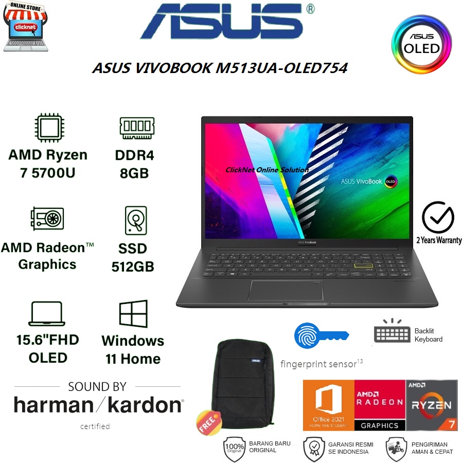 ASUS M513UA-OLED754 AMD RYZEN 7-5700U 8GB 512GB SSD FHD OLED WIN11 OHS
