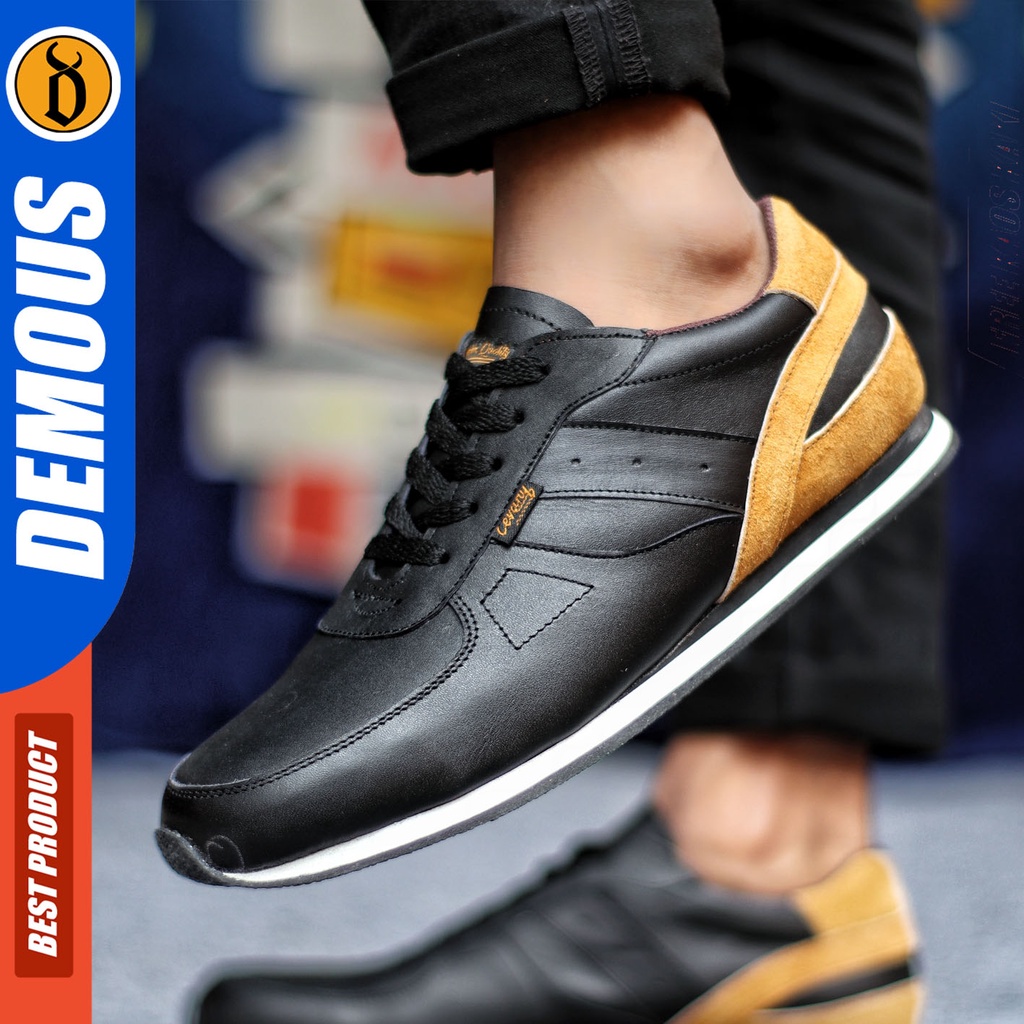 Sepatu Sneakers Pria Sepatu Casual Pria Kulit Asli Sepatu Kerja Kuliah Kondangan Sepatu Hitam Pria DEMOUS JELAL