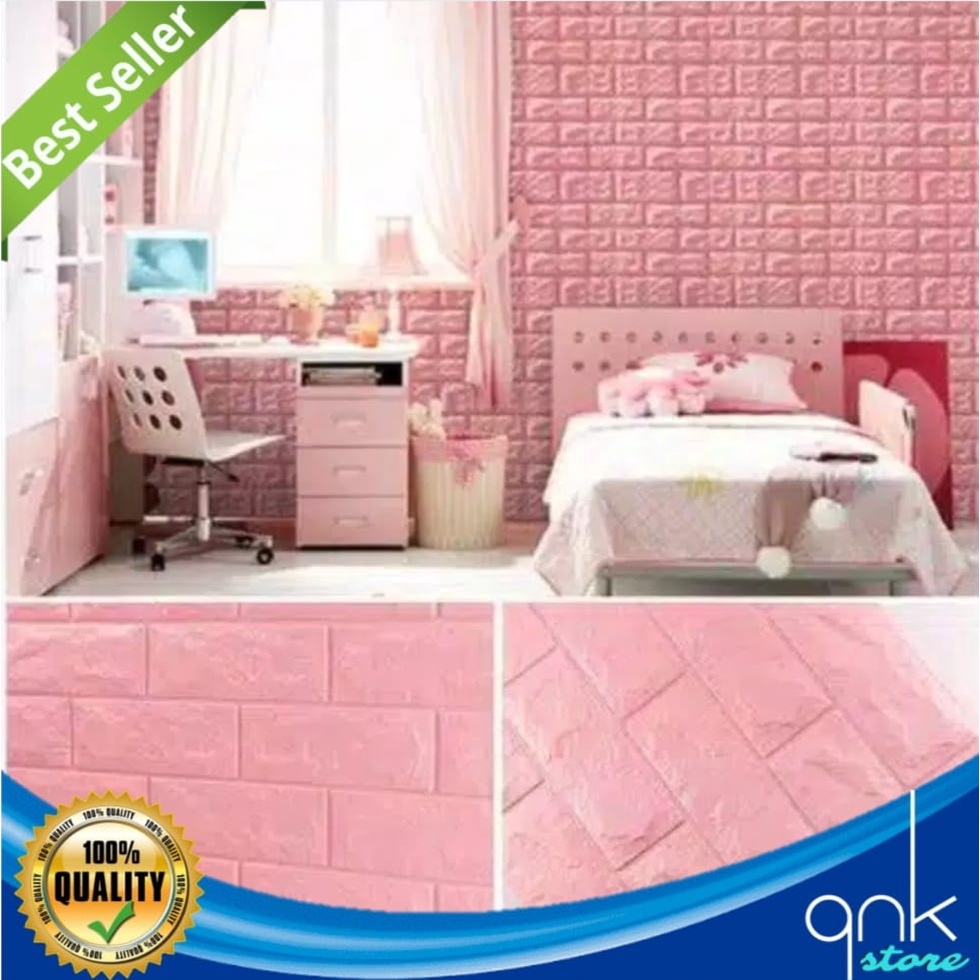 Wallpaper Dinding 3D Foam Timbul Motif Batu Bata 70cm x 77cm Motif Batu Bata Pink