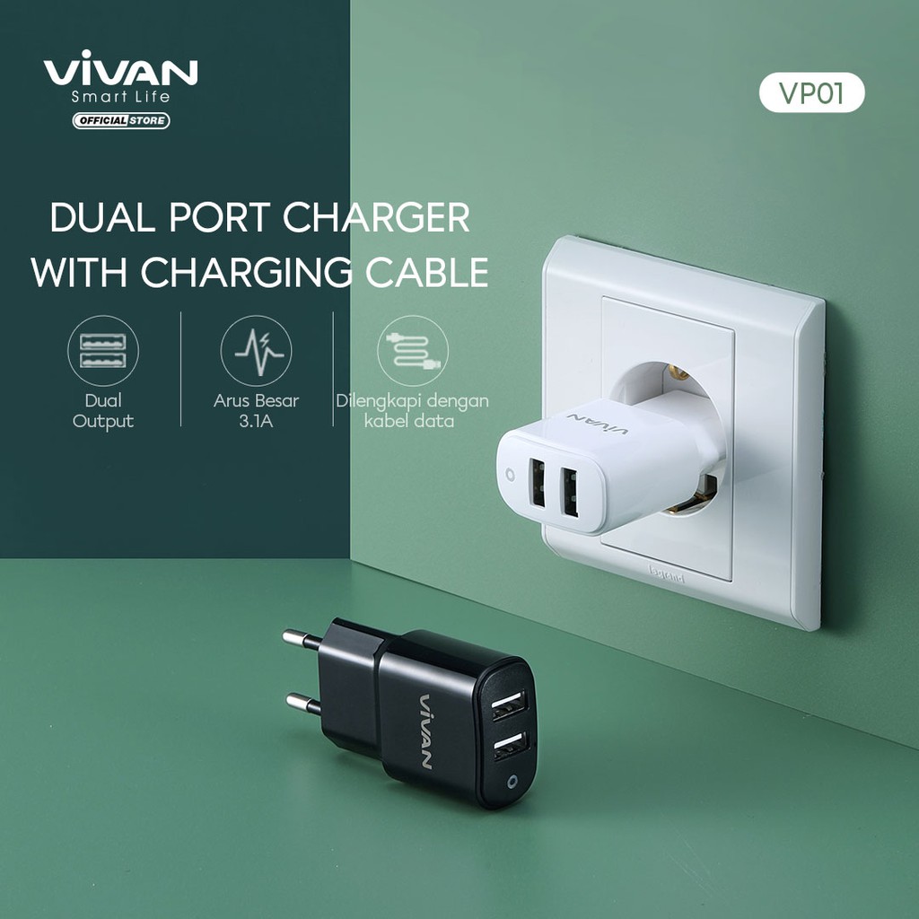 VIVAN VP01 CAS Charger Dual Output USB Quick Charging 3.1A with Charging Cable Garansi Resmi 1 Tahun