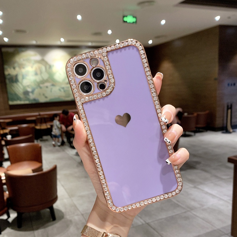 Case Bumper Belakang Desain Hati Bling Berlian Imitasi Untuk Iphone 12 11 13 Pro Max X XR XS Max 7 8 Plus SE 2020