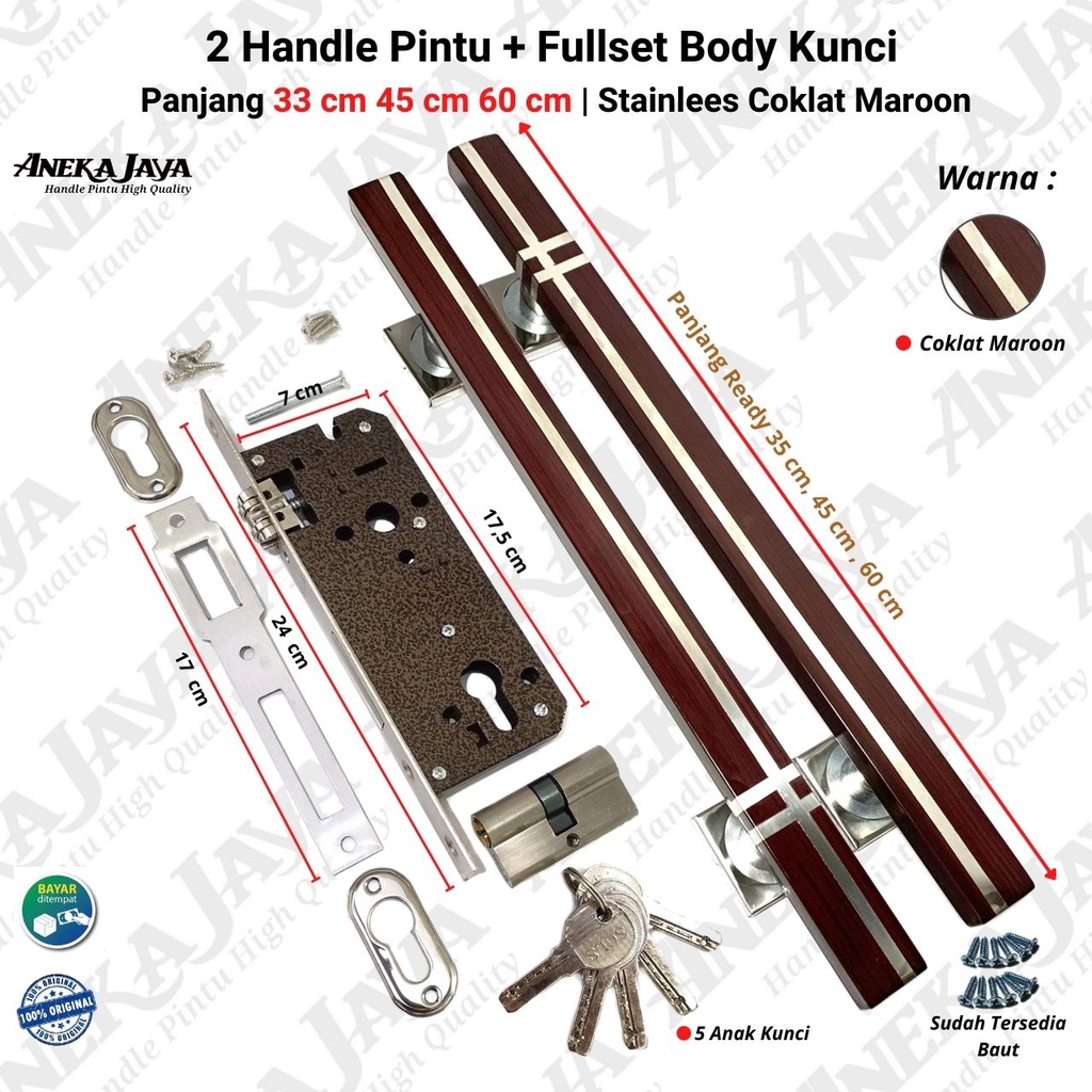 2 Gagang pintu set Kunci Panjang 60 cm 45 cm 33 cm / Handle pintu rumah / Tarikan pintu rumah / Pegangan pintu rumah termurah P2 maroon