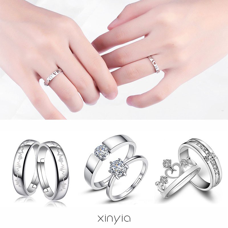 2 Pcs 925 Silver Cincin Tunangan/nikah/kawin Berlian Mode Wanita Cincin Pasangan Couple Rings