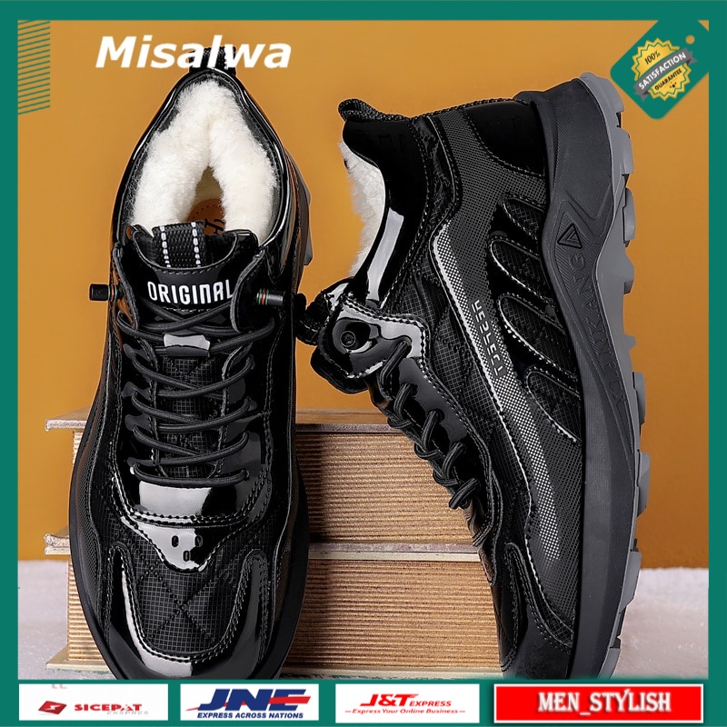 Sepatu Oxford Pria Import Misalwa Winter Men  Patent Leather High Top Men Footwear Wool Warm Lining 